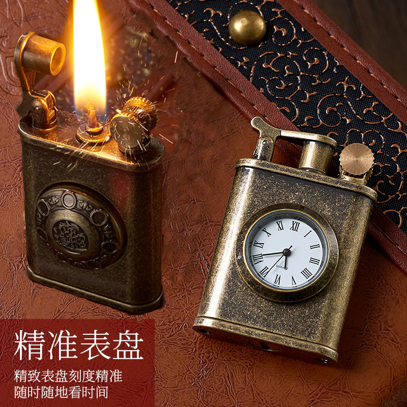 Fire Starting Kit - Retro นาฬิกาน้ํามันก๊าดไฟแช็กโลหะ Creative Gyro ล้อ Flint